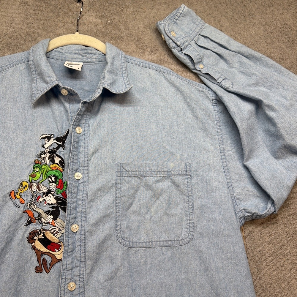 Vintage 90s Warner Bros Denim Shirt Looney Tunes Embroidered Large